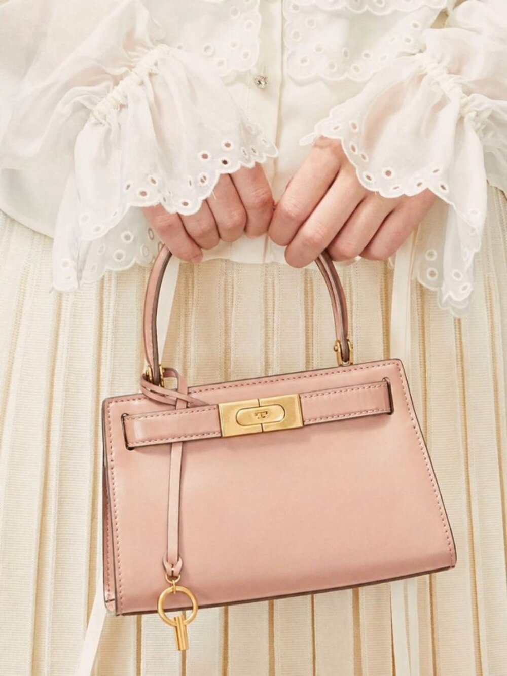 Tory Burch Lee Radziwill Petite Mini Bag Pink Moon Leather Top Handle Crossbody